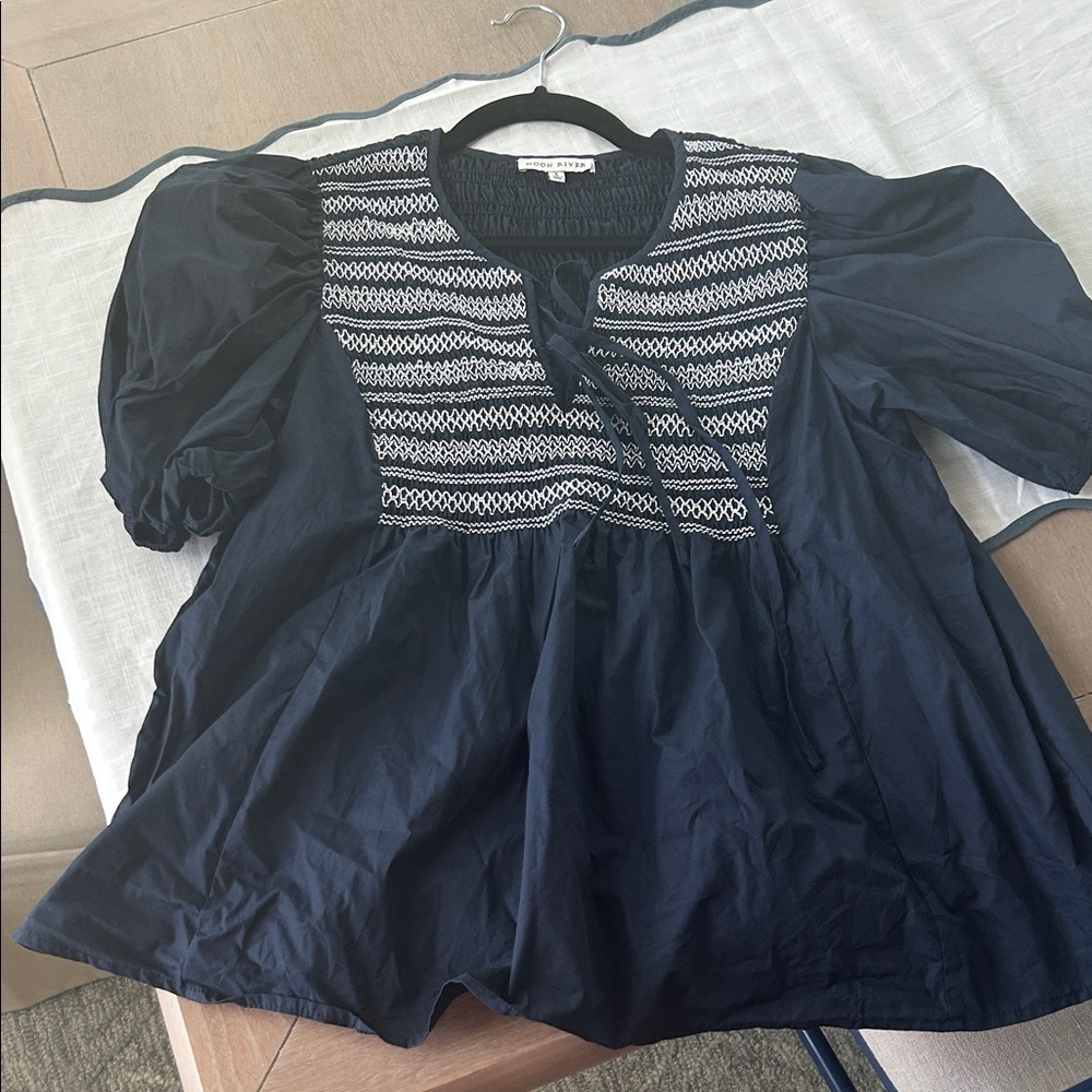Moon River Smocked Navy Blouse